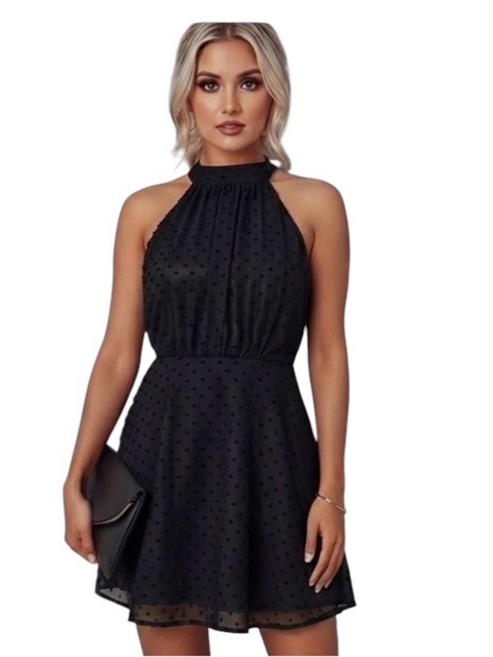 STORIA Black Sheer Swiss Dot Halter Mini Dress Size L NWT